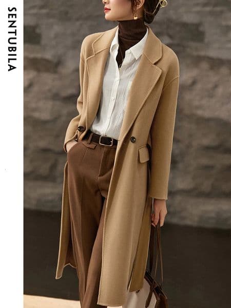 SENTUBILA Longline Wool Over Coat for Women 2024 Winter Elegant Notched Collar Belted Maxi Blend Coats Outerwear W24O42057 241108