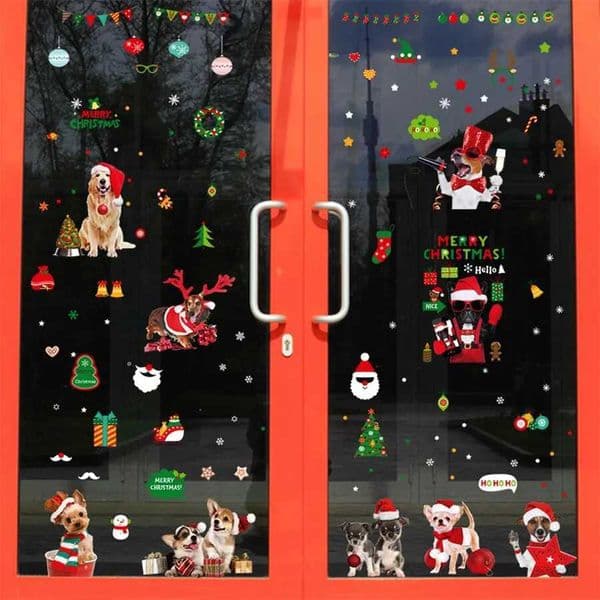 9pcs Christmas Decoration Window Sticker Santa Cat Dog Gift Merry Christmas Mirror Sticker Christmas Tree Window Glass StickerXJ241114