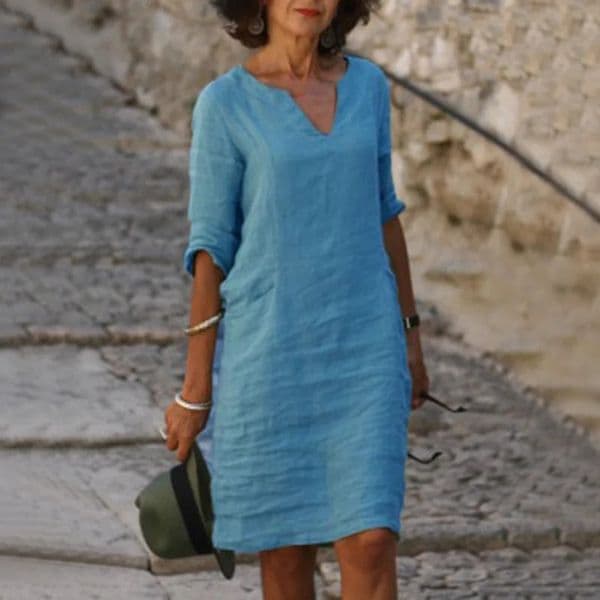 Vintage Solid Mini Dress Women Fashion Summer Vneck Three Quater Sleeve Cotton Linen Party Dresses Ladies Casual Femme Vestidos 240415