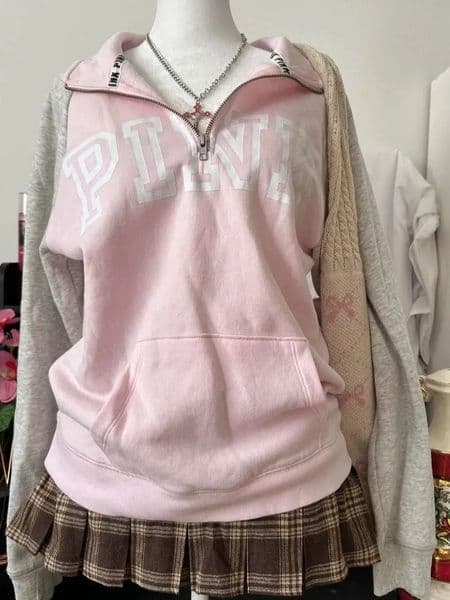 Street retro pink splicing letter print stand collar sweatshirt for women autumn y2k cute trendy clothes loose sports top 241114