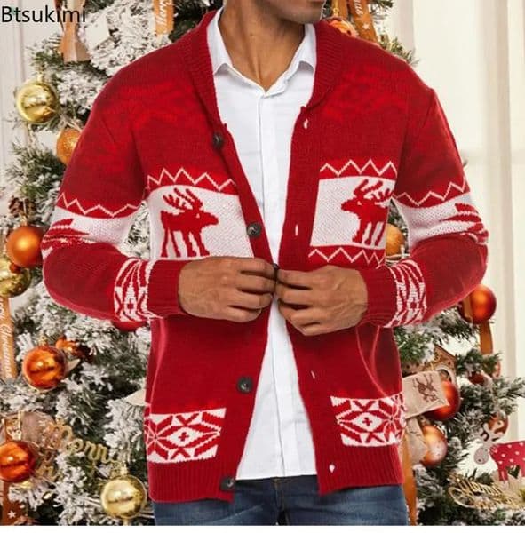 Mens Christmas Sweaters Fashion Jacquard Knit Button Cardigan Thicker Warm Lapel Print Sweater Jacket Mens Winter Clothing 241116