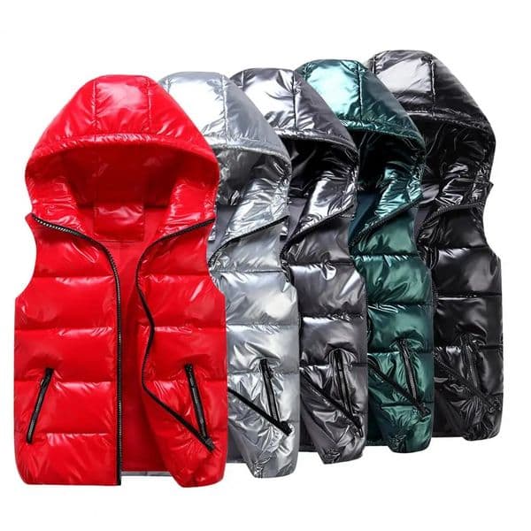 Mens/Womens/rens Tank Top Winter Hooded Glossy Cotton Tank Top Casual Tank Top Mens Sleeveless Jacket Warm Coat Hat 241111