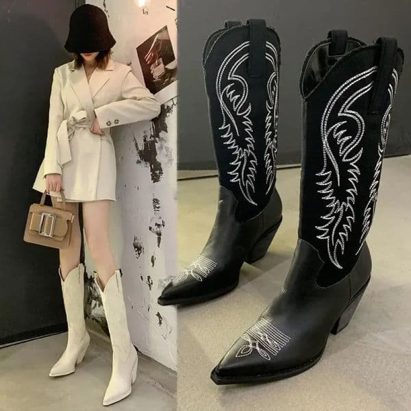Women Pointed Toe Square Heels Cowboy Western Boots New Ankle Gladiator Trend Shoes Winter New Walking Sharp Pointed High Barreled Knight Boots
