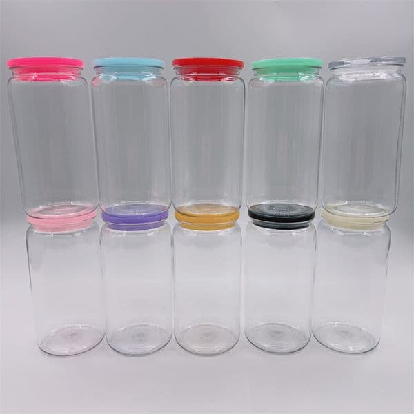 Unbreakablea 16oz Clear Plastic Can Cups Acrylic Tumbler Reusable BPA Free Mason Sippy Cup Cold Juice Jar Coffee Travel Mugs With Colored Lids For UV DTF Wraps