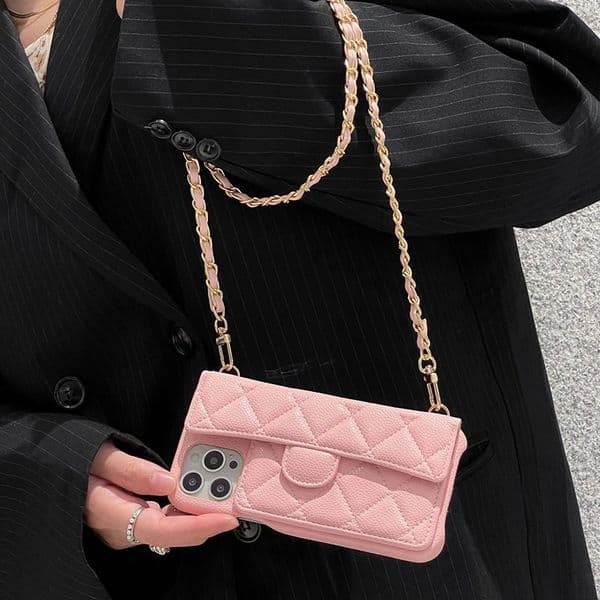 2026 New Crossbody Designer Phone Case For Apple Iphone 17 16 Pro Max 15 Luxury Pebbled Litchi Leather Diamond Pattern perfume Chains Wallet