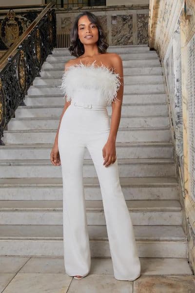 White Jumpsuits for Women Feather Tube Top Sexy Fashion Romper Evening Party Clothing Pants with Belt Elegant Ladies Jumpsuit 241116