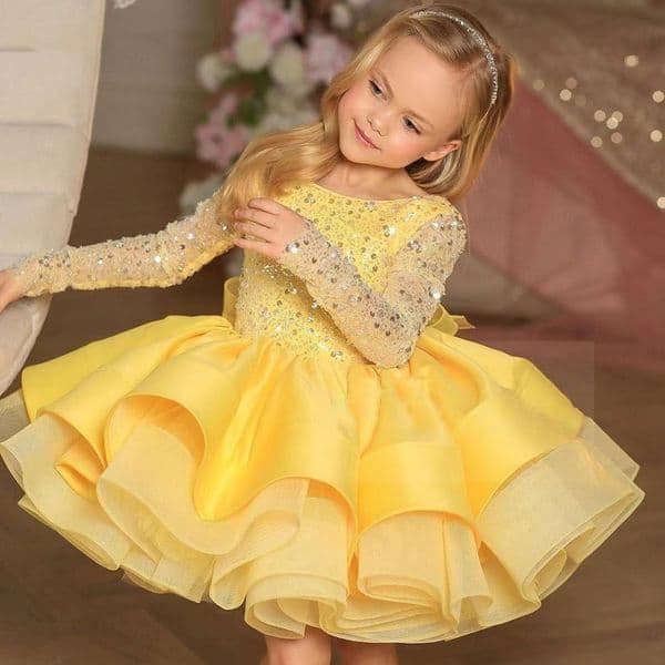 yellow sequied Ball Gown Flower Girls Dresses for Weddings Little Kids Toddler Pageant Dress Long Sleeves Crystal First holy Communion Gowns 2024 new baby prom gowns