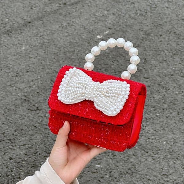 Fashion n Square Mini Childrens Shoulder Bag Sweet Bow Flower Girl Messenger Bags Pearl Handle Kid Change Purse 241116