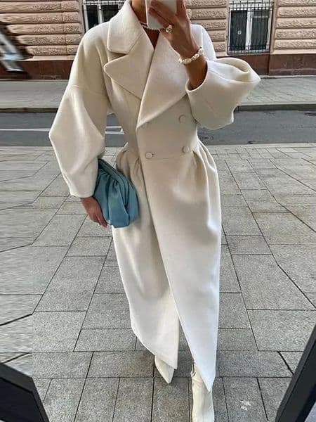 Women Lapel Lantern Sleeve Long Jackets Solid Double Breasted Waist Fold Woolen Coat Winter Thick Warm Female Elegant Outwear 241116