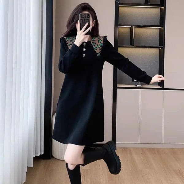 Fashion Sailor Collar Dresses Female Autumn Winter Fleece Casual Loose Sweatshirts Dres Clothes Midi Dress 241107Z