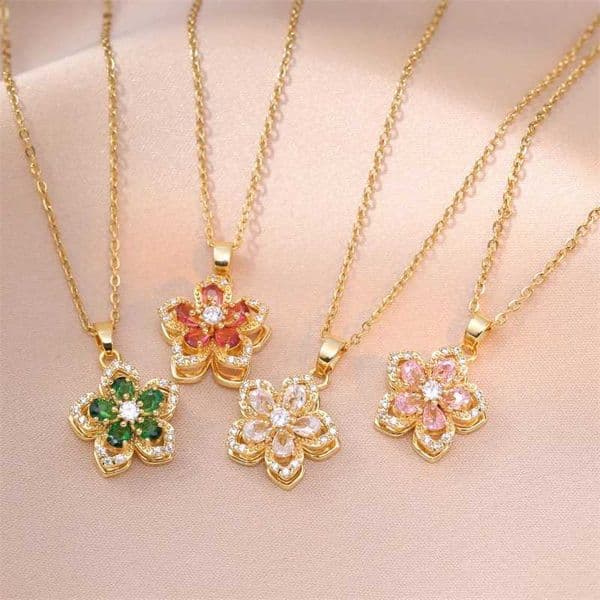 Exquisite Rotating Flower Pendant Necklace for Women Gold Color Shiny Zircon Stainl Steel Clavicle Chain Choker Charm JewelryX241116