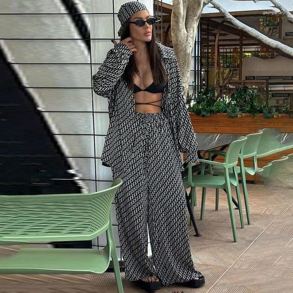 Women's Two Piece Pants Satin Printed Two-piece Set 2024 Summer Long Sleeve Shirts For Women Suits Wide Leg Vacation Casual Fashion Sets