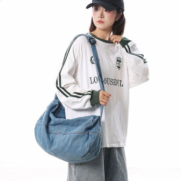 Big denim womens bag denim shoulder bag school messenger bag Y2K denim ecological bag Korean shopping bag canvas handbag 241116