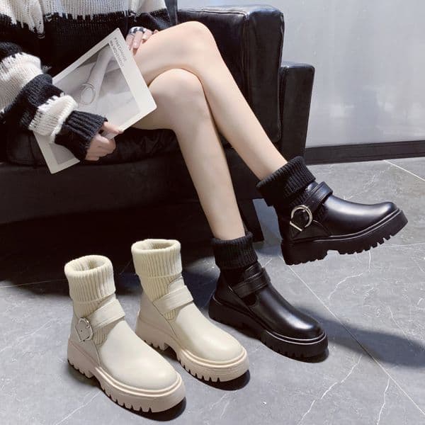 Women's Boots: Stylish Winter Fleece Warm Versatile Casual Martin Boots in Black/White, Free Shipping b29c