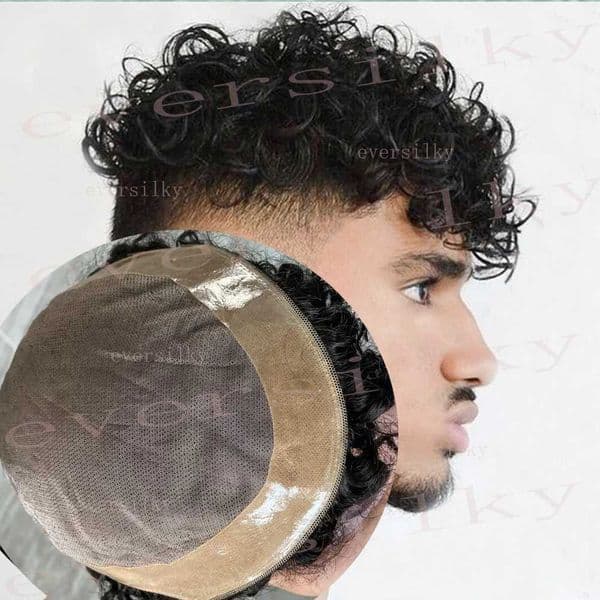 20MM Curly Brown Durable Single Lace Toupee Mens Wig Karali Latex Replacement System M241118