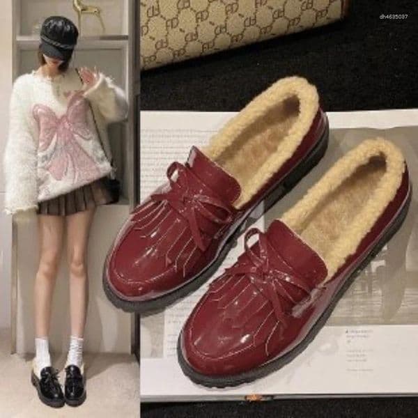 Dress Shoes Designer's Doudou Single-shoe Women 2024 Autumn And Winter With Fluff Warm Loafers Fringed Slip-on Casual hurenlakeshoes