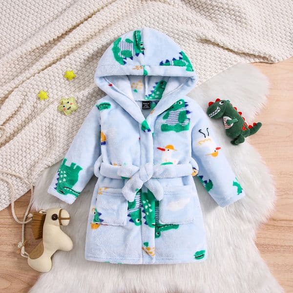 Baby Hooded Robe Warm Lightweight Flannel Sleepwear Cozy Hoodie Cute Green Dinosaur Pattern Thick Winter Homewear For 241118