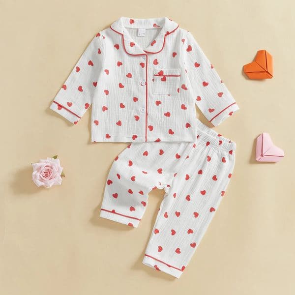 MISOWMNJOY Soft Cotton Kids Girls Boys Pajama Sets Valentines Day Children Sleepwear Heart Long Sleeves Shirt Pants Loungewear 241118