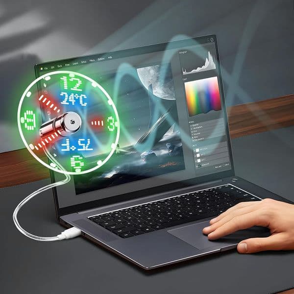 Portable USB Gadgets LED Fan With Time and Temperature Cool Laptop PC Notebook Portable Flexible Gooseneck Fans for Office, Home & Travel