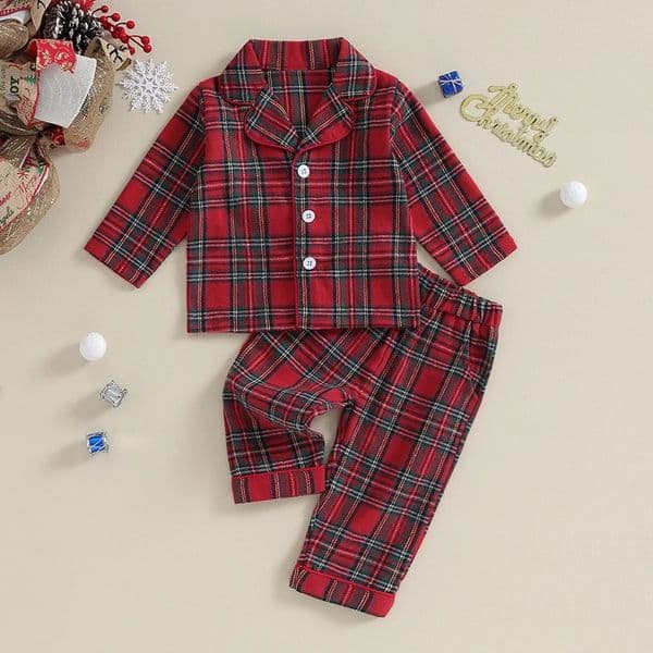 Toddler Kids Boys Girls Christmas Pajama Sets Red Plaid Long Sleeve Button ShirtsPocket Pants Casual Sleepwear Suits 241118
