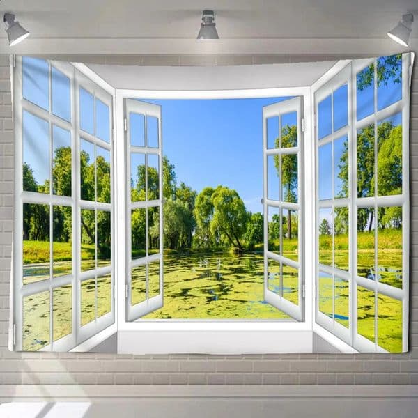Imitation window forest landscape painting tapestry wall hanging bohemian style psychedelic Mandala home decoration 241118