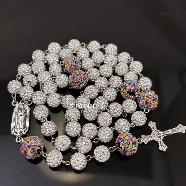 Hip Hop 10mm Rhinestone Cluster Rosary Necklace Disco Ball Beaded Pendant Catholic Our Lady of Guadalupe Prayer 241119