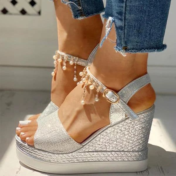 Women Wedge Sandals Summer Bead Studded Detail Platform Sandals Buckle Strap Peep Toe Thick Bottom Casual Shoes Ladies 241118