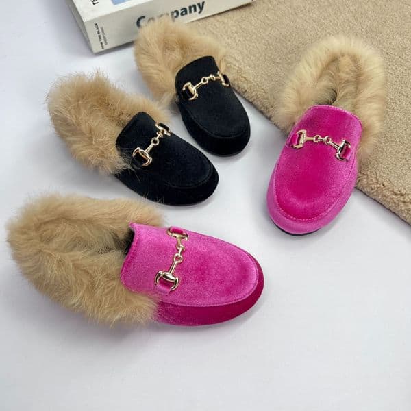 Children faux fur shoes winter girls Metal buckles velvet footwear fashion kids pleuche princess shoes S2565