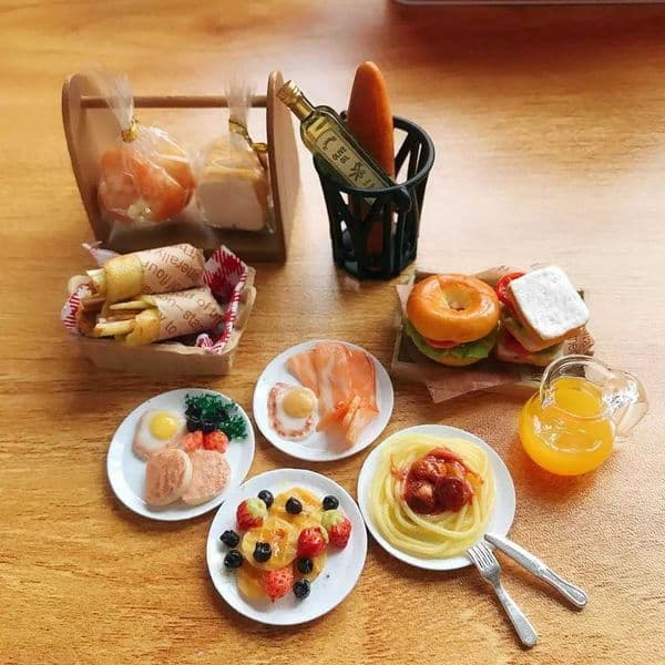 New cute 1/6 scale mini dollhouse breakfast mini bread waffles bacon bagels clay food for doll kitchen toy accessories W241119