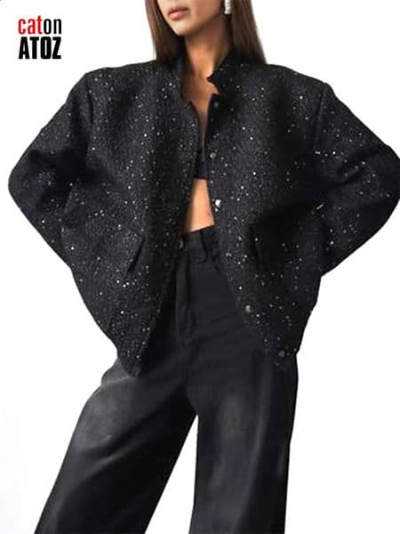 Women in Spring Autumn Outwears Oversize Sequin Jackets Loose Chic Elegant Female Coats Outfits Woman Clothes 3024 241120