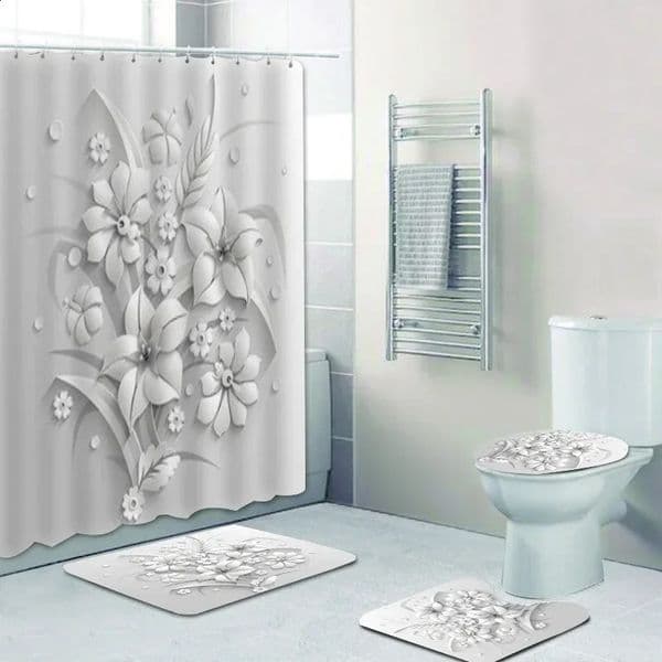 Elegant Bouquet of Fantastic White Flowers 3D Style Shower Curtain Bathroom with Bath Rug Carpet Set Floral Home Decor 241119