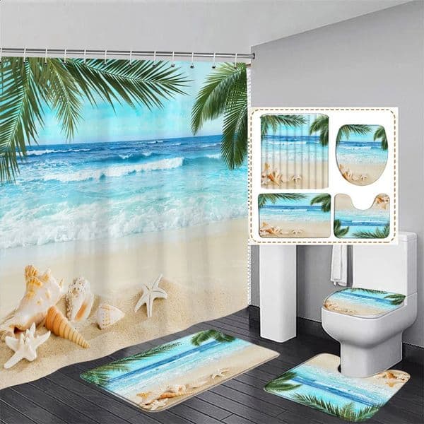 Ocean Landscape Shower Curtain Set Palm Leaves Starfish Conch Sea Wave Beach Bathroom Decor Non-Slip Rug Bath Mats Toilet Cover 241119