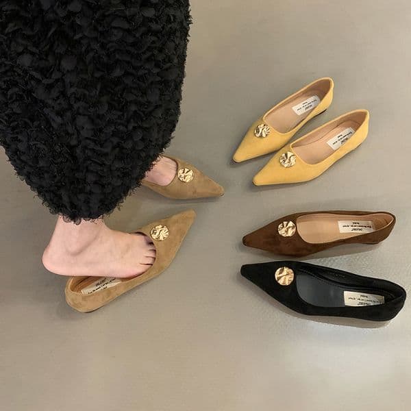 Fashion New hot Pointed Toe Ladies Flat With Casual Female Designer Metal Footwear Shallow Women Flats Shoes Slides 73ce s