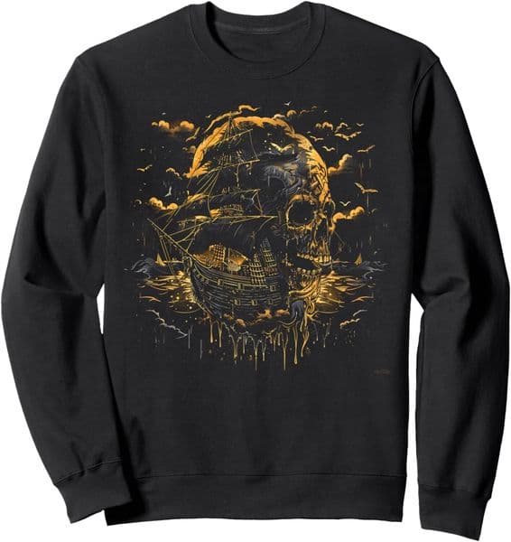 Long Sleeve Shirts for Men sweatshirt Skull Ship Sailing Sea Ocean Pirate Skull Tee Graphic Tee Sweatshirt T shirt Tee Streetwear Casual tops clothes cool