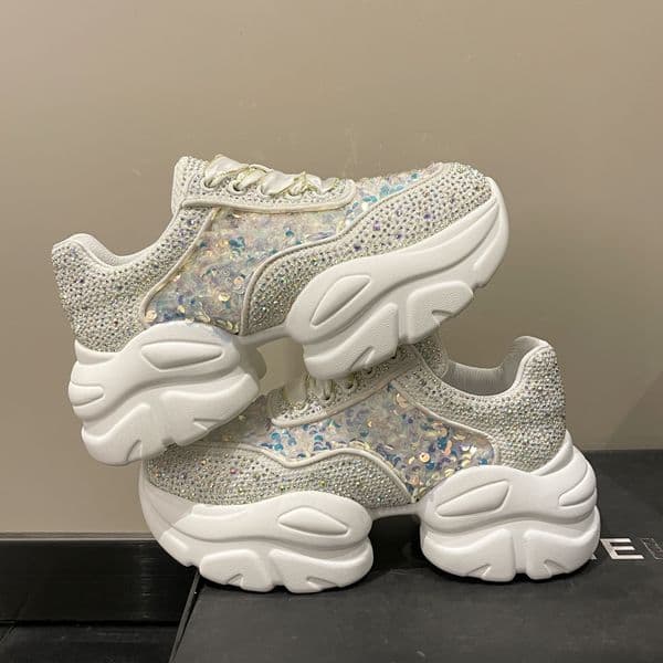 Spring new lace up rhinestone women's designer casual shoes fashionable and shiny luxury women's shoes women's trendy sports shoes high-quality thick soled shoes