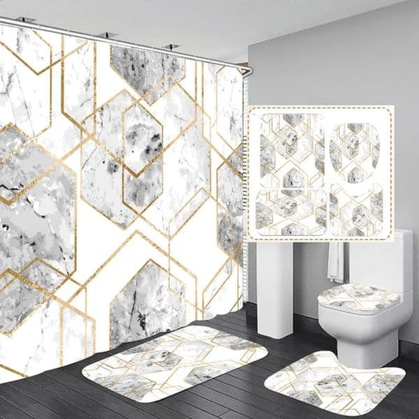 3D Marble Shower Curtain Set Non Slip Bath Rug Waterproof Bathroom with Hooks Modern Style Toilet Lid Cover Home Decor 241119