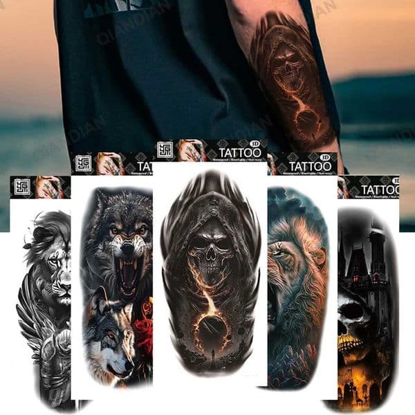 Skull Man Forest Wolf Waterproof Temporary Tattoo Sticker Lion Fire Men Half Arm Art Hipster Black Transfer Washable Cool TotemXJ241120