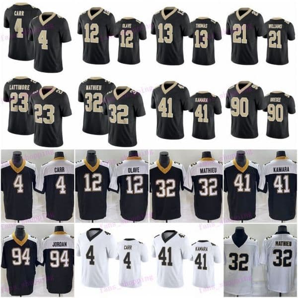4 Derek Carr Alvin Kamara Football Jersey Jamaal Williams Chris Olave Tyrann Mathieu Marshon Lattimore Black White