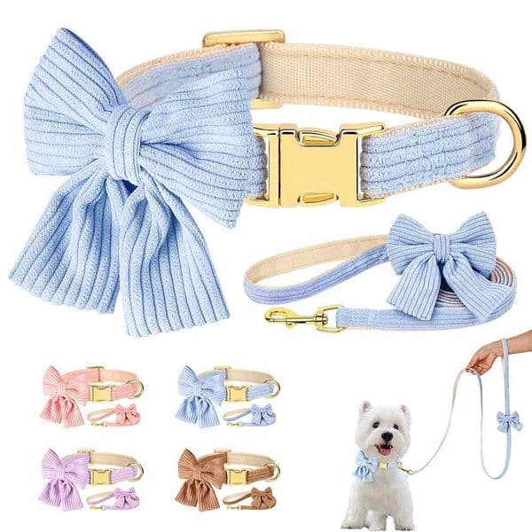 Fashion Dog Collar and Leash Set Cute Bowknot Dog Collar Lead Rope With Bowtie For Small Medium Dogs Outdoor Walking PinkXJ241114