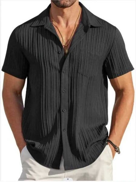 2024 Mens new casual fashion striped jacquard pit strip lapel chest pocket beach outdoor short-sved casual shirtXJ241120