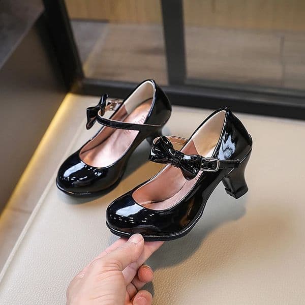 Girls Bow Patent Leather High Heels Princess Shoes Black Lolita Shoe Kids Party Dress Shoes Autumn Spring 6-12Y Princess Shoes 250304