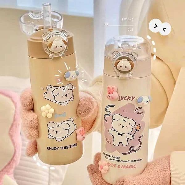 Kavay Hot Water Bottle Stainless Steel Childrens School Water Bottle with Straw Cute 500ml Leak proof Portable Drinking Bottle M241121
