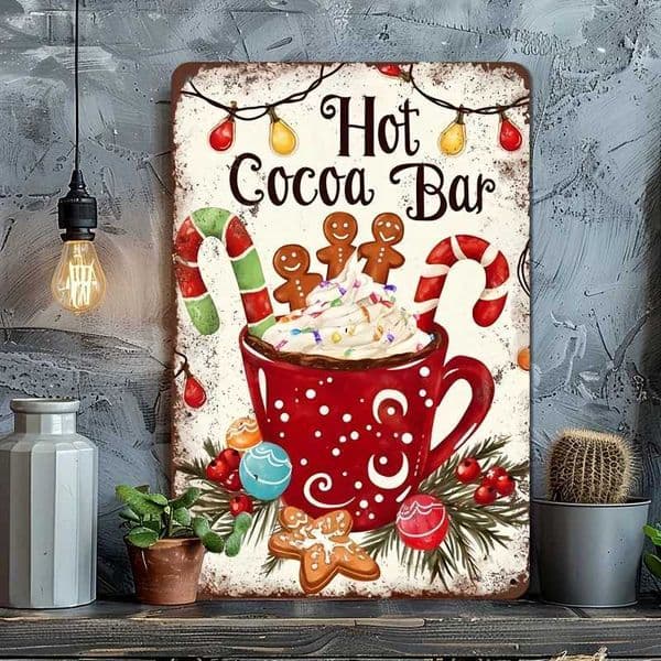 1pc Christmas Hot Cocoa Bar Metal Sign Weather-Resistant Wall Art with Pre-Drilled Holes for Farmhouse Home Cafe Garage DecorXJ241120