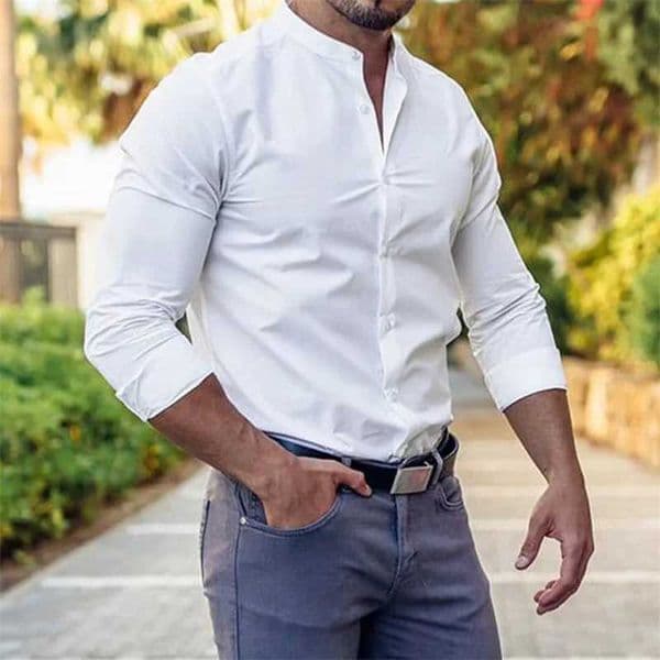 High Elasticity GYM Long Sved Mens Shirt Solid Summer Casual Standing Collar Shirt Haiian Street Wear Daily Mens ShirtXJ241120
