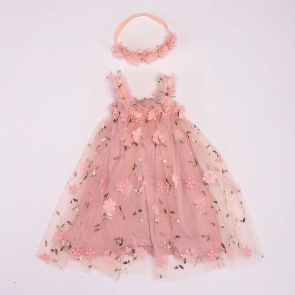 Toddler Baby Girls Tutu Dress Sleeveless Embroidery Floral Print Tulle Little Girl Princess Dresses with Flower Headband 240416