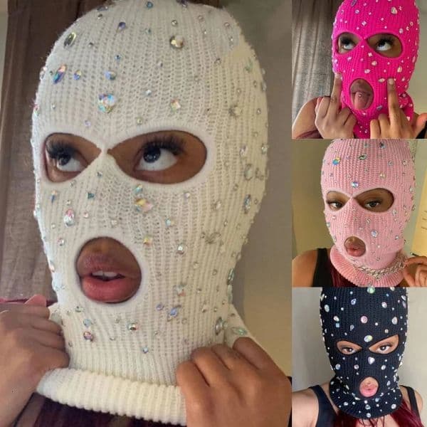 Balaclava Sparkling Face Mask Jewelry Hat Hooded Neck Warmer for Outdoor Halloween Role Playing Balaclava Hat 241122