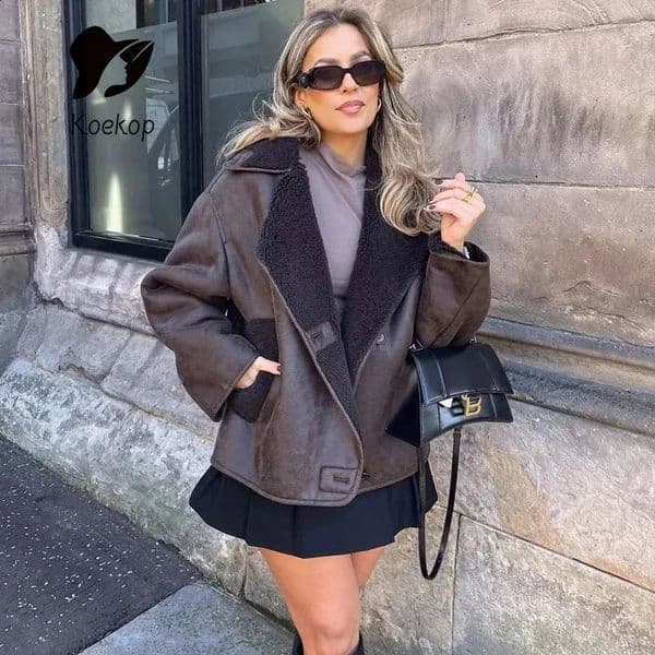 Koekop Autumn Winter Warm Wool Blends Coats Demiseason Plush Jacket Outerwear Woman Thick Faux Leather Jackets for Women Coat 241121
