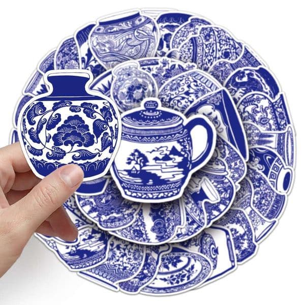50Pcs Retro Design Chinese Style Blue and White Porcelain Stickers DIY Skateboard Guitar Laptop Phone Self-Adhesive Decals Toys gift for store silver+ buyer
