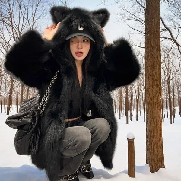 Winter Fox Fur Coat Women Clothing Winter Jacket Hoodie Cute Cat Ears faux Loose Warm Black Faux Fur Jacket for Women 241120