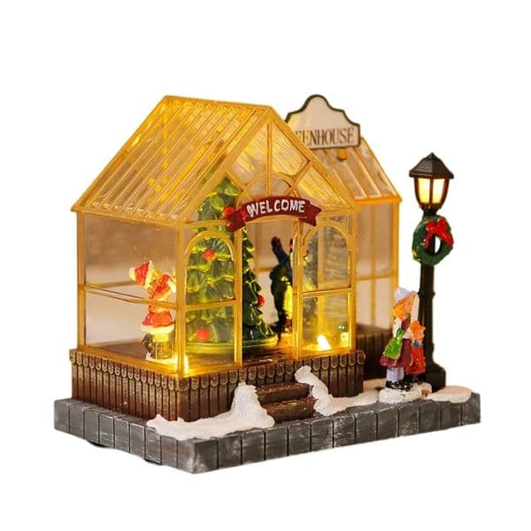 Christmas Musical Greenhouse Ornament with LED Lighting and Rotating Tree Figurines Statue Animated Village 241121
